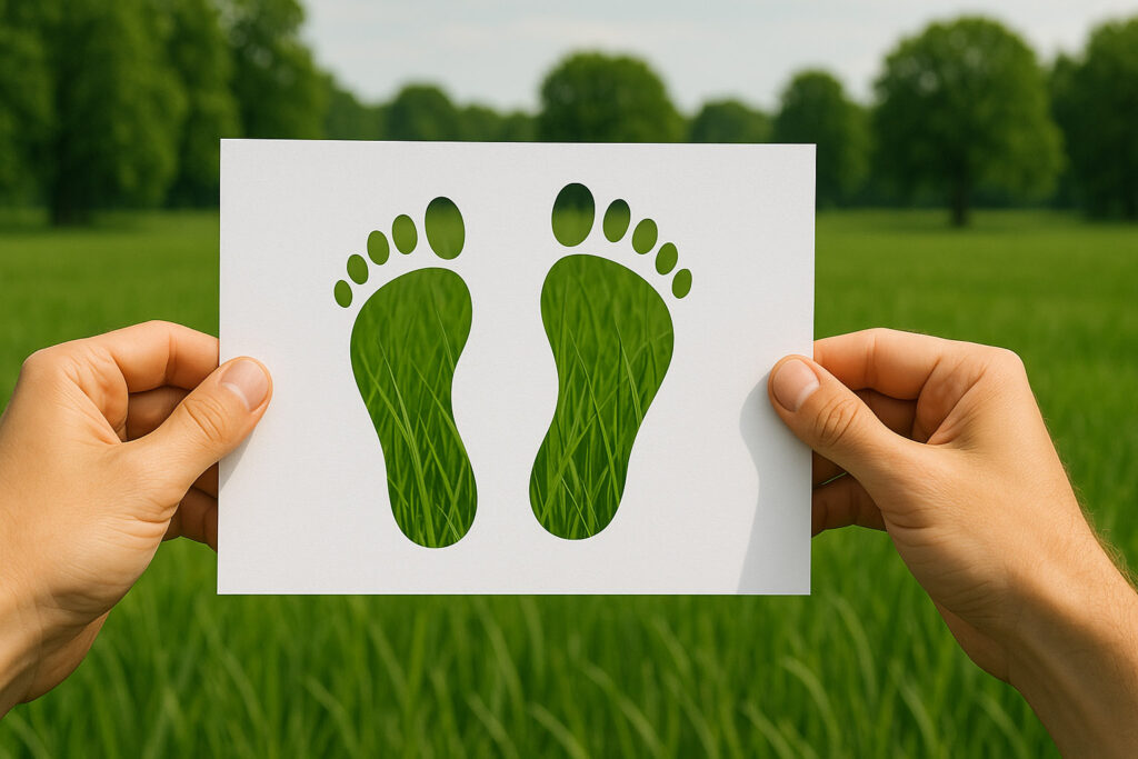 Two hands holding a white sheet of paper with cutout footprints, showing green grass through the openings. In the background, a natural landscape with trees and blue sky symbolizes the connection between humans and nature, representing eco-awareness and sustainability.